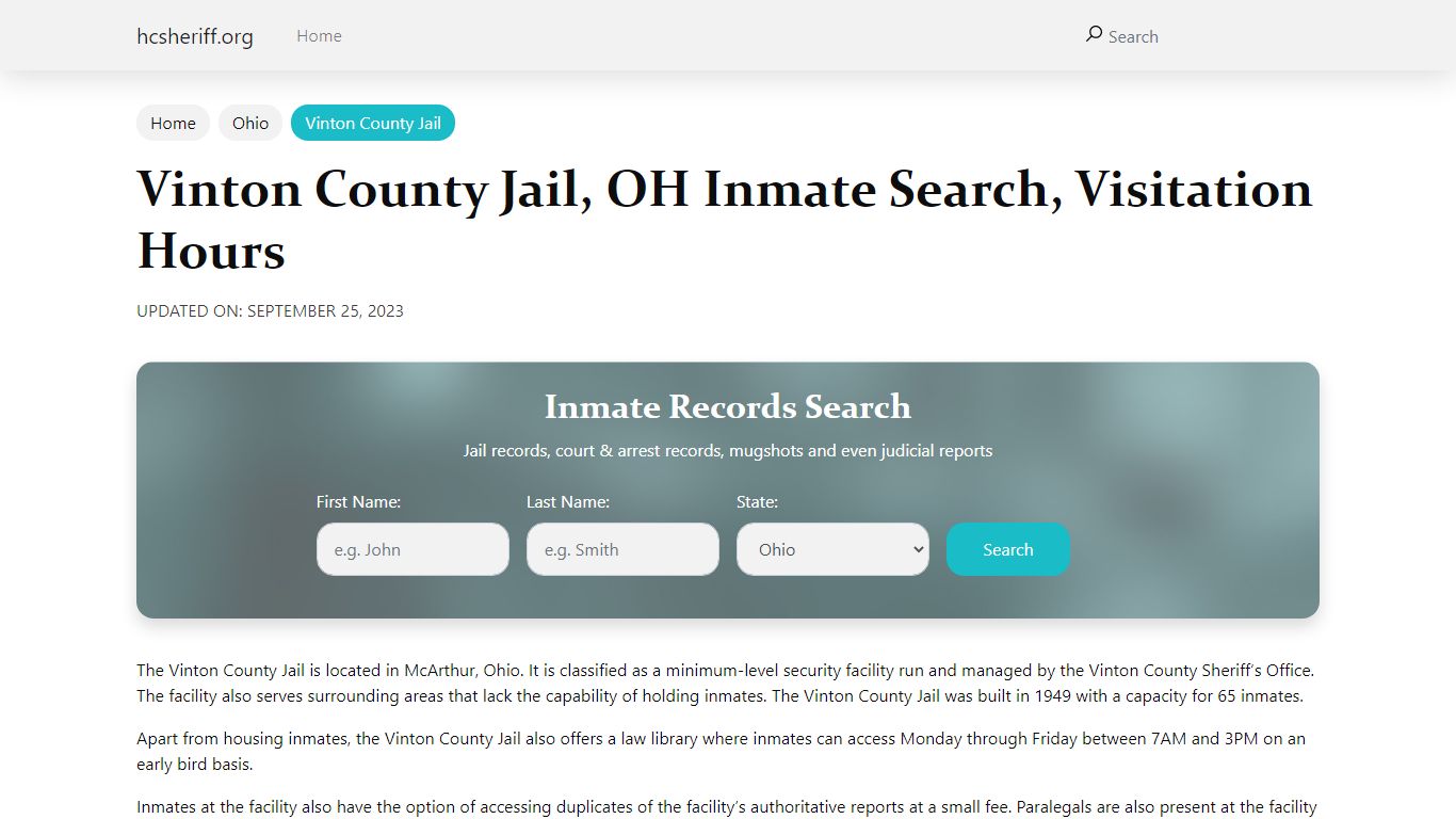Vinton County Jail, OH Inmate Search, Visitation Hours